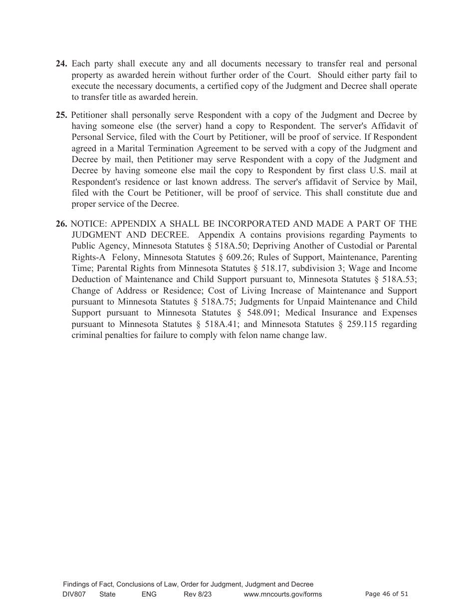 Form DIV807 Findings of Fact, Conclusions of Law, Order for Judgment, Judgment and Decree - Minnesota, Page 46