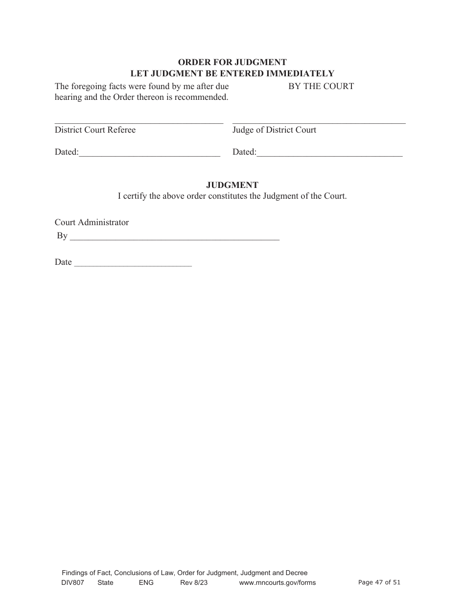 Form DIV807 Findings of Fact, Conclusions of Law, Order for Judgment, Judgment and Decree - Minnesota, Page 47