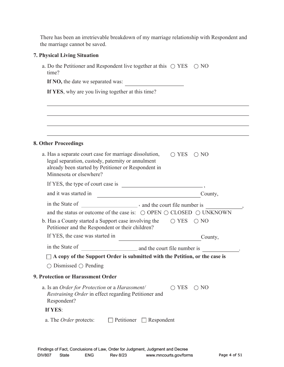 Form DIV807 Findings of Fact, Conclusions of Law, Order for Judgment, Judgment and Decree - Minnesota, Page 4