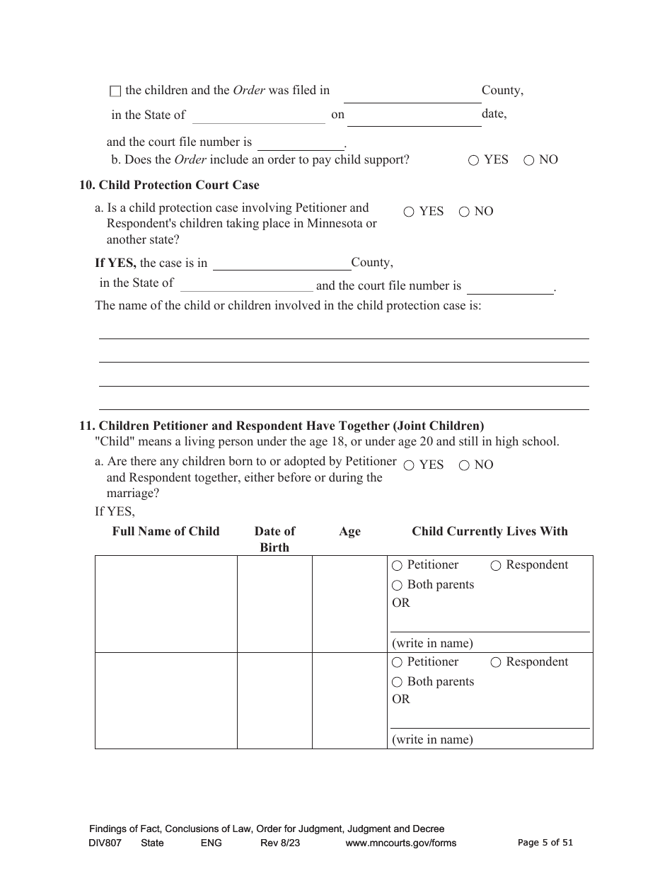 Form DIV807 Findings of Fact, Conclusions of Law, Order for Judgment, Judgment and Decree - Minnesota, Page 5
