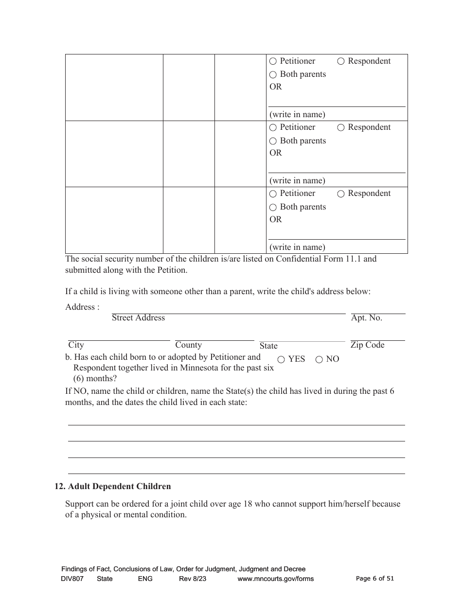 Form DIV807 Findings of Fact, Conclusions of Law, Order for Judgment, Judgment and Decree - Minnesota, Page 6