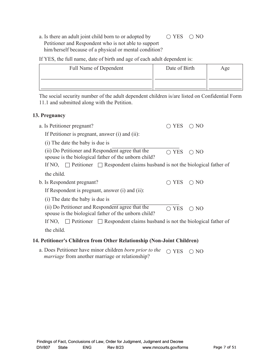 Form DIV807 Findings of Fact, Conclusions of Law, Order for Judgment, Judgment and Decree - Minnesota, Page 7