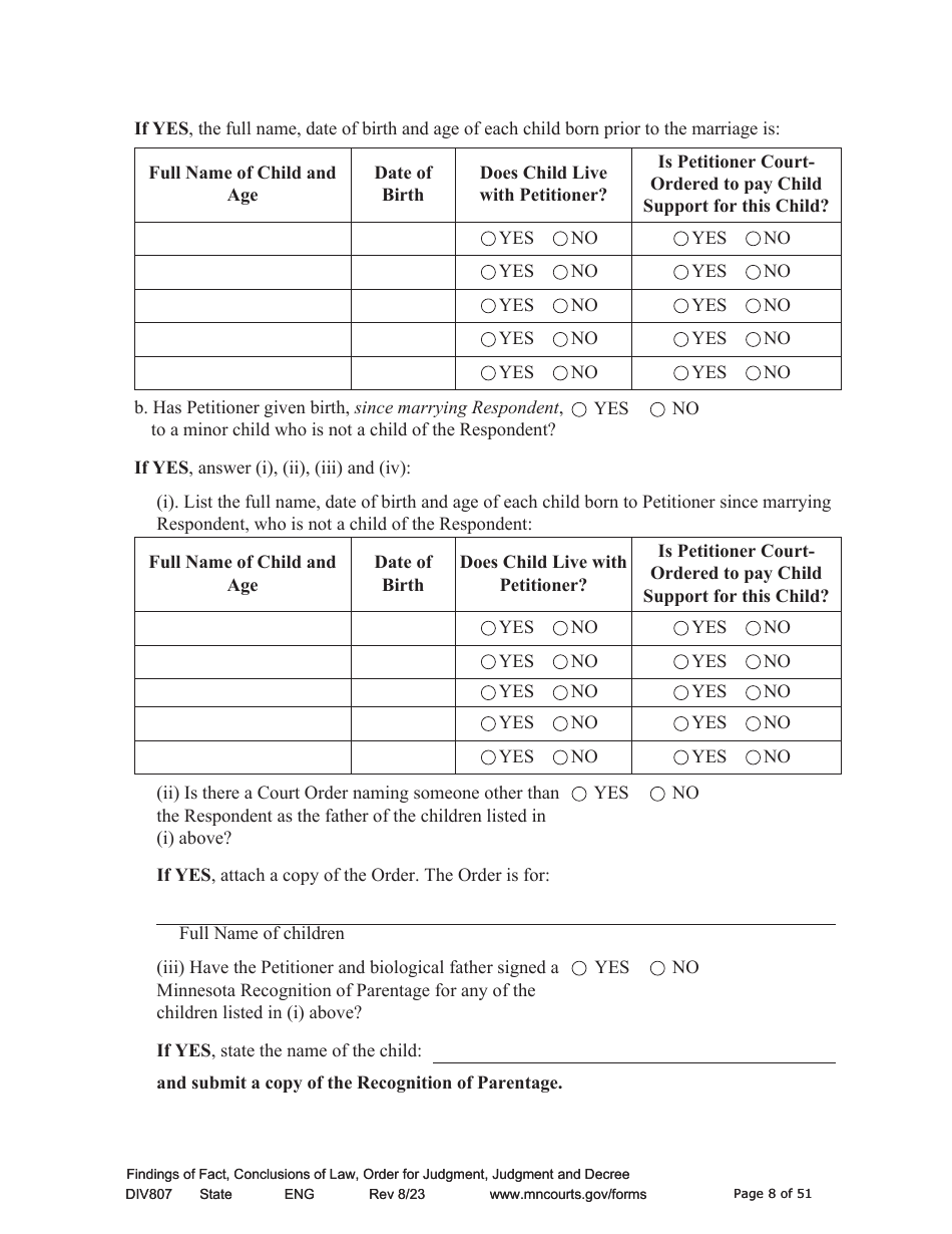 Form DIV807 Findings of Fact, Conclusions of Law, Order for Judgment, Judgment and Decree - Minnesota, Page 8