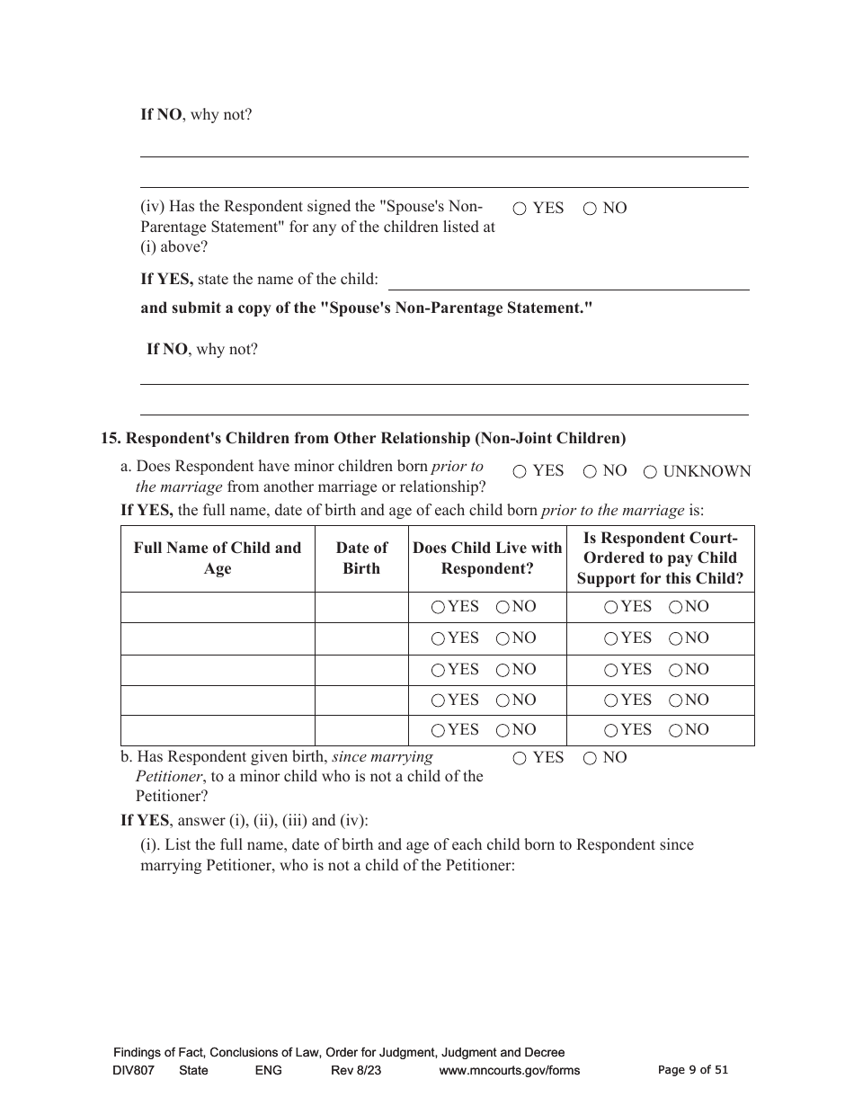Form DIV807 Findings of Fact, Conclusions of Law, Order for Judgment, Judgment and Decree - Minnesota, Page 9