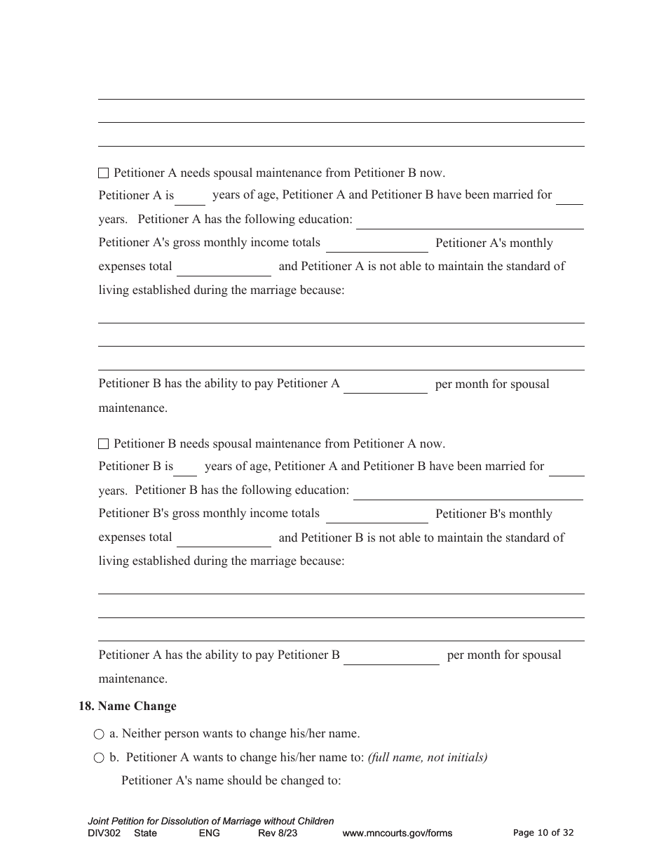 Form DIV302 Joint Petition, Agreement, and Judgment and Decree for Marriage Dissolution Without Children - Minnesota, Page 10