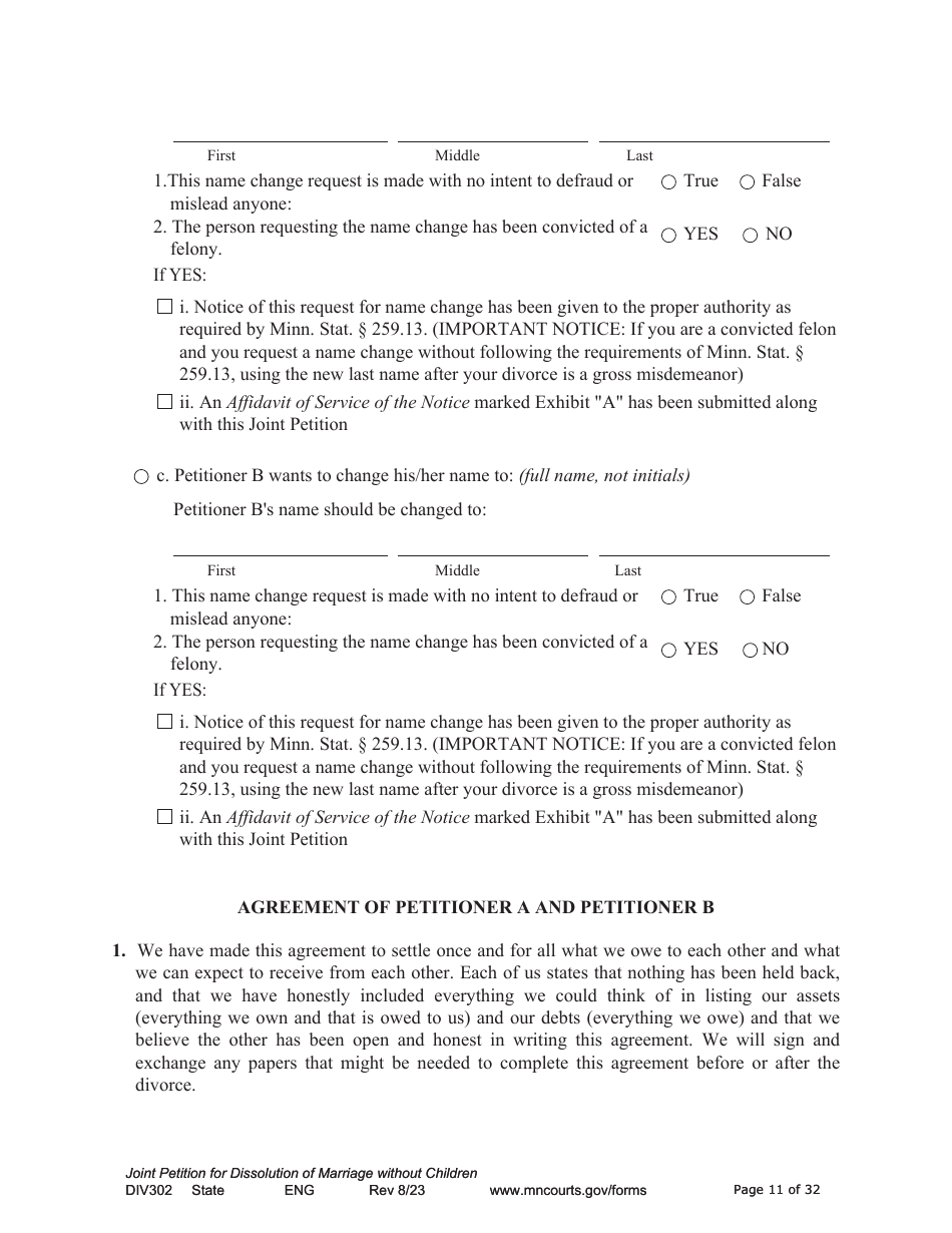 Form DIV302 Joint Petition, Agreement, and Judgment and Decree for Marriage Dissolution Without Children - Minnesota, Page 11