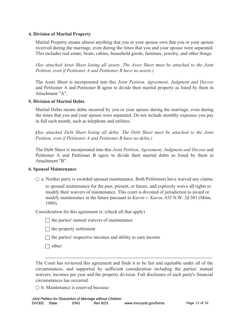 Form DIV302 Joint Petition, Agreement, and Judgment and Decree for Marriage Dissolution Without Children - Minnesota, Page 13
