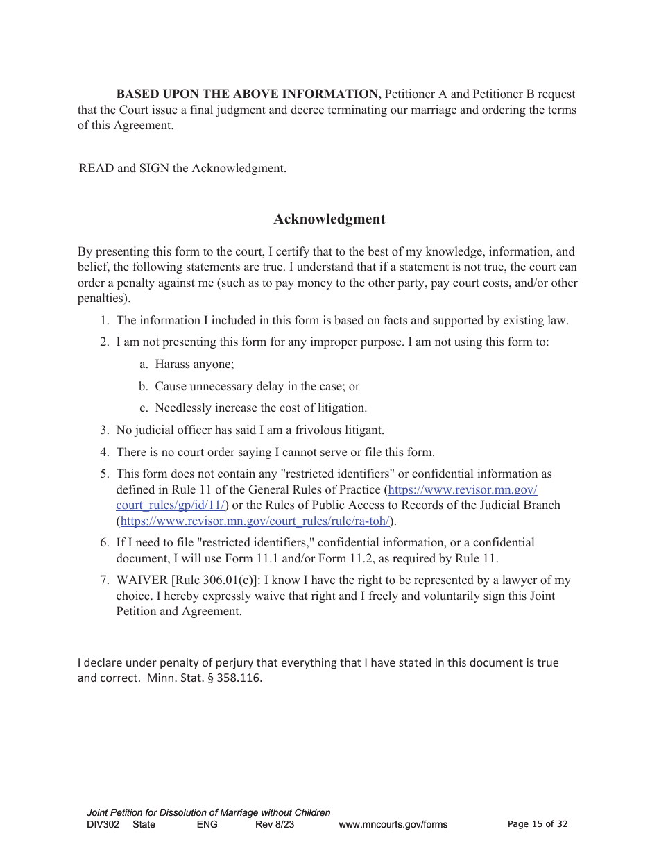 Form DIV302 Joint Petition, Agreement, and Judgment and Decree for Marriage Dissolution Without Children - Minnesota, Page 15