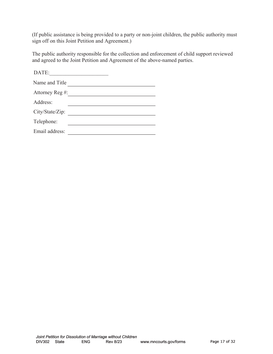Form DIV302 Joint Petition, Agreement, and Judgment and Decree for Marriage Dissolution Without Children - Minnesota, Page 17