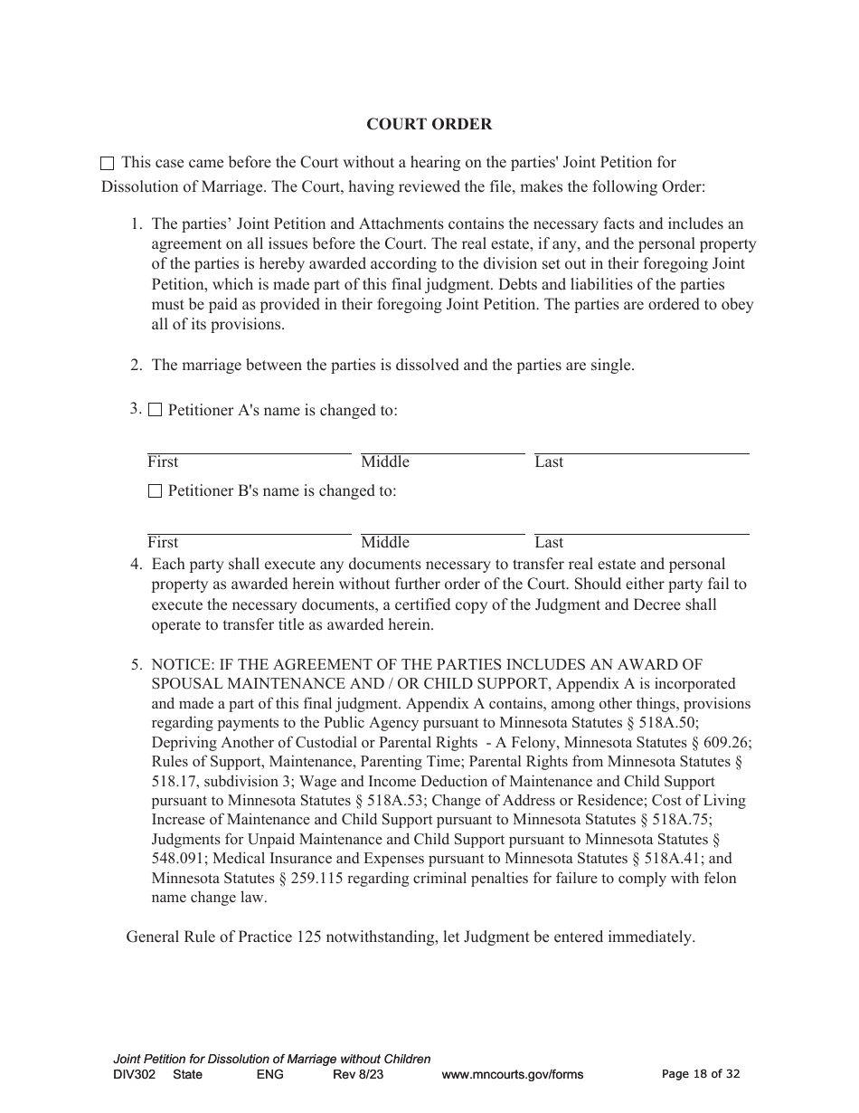 Form DIV302 Joint Petition, Agreement, and Judgment and Decree for Marriage Dissolution Without Children - Minnesota, Page 18