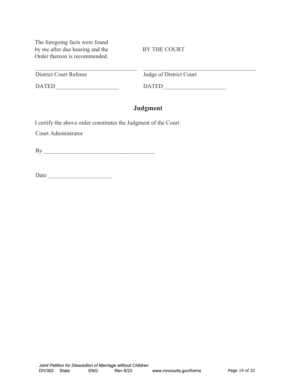 Form DIV302 Joint Petition, Agreement, and Judgment and Decree for Marriage Dissolution Without Children - Minnesota, Page 19