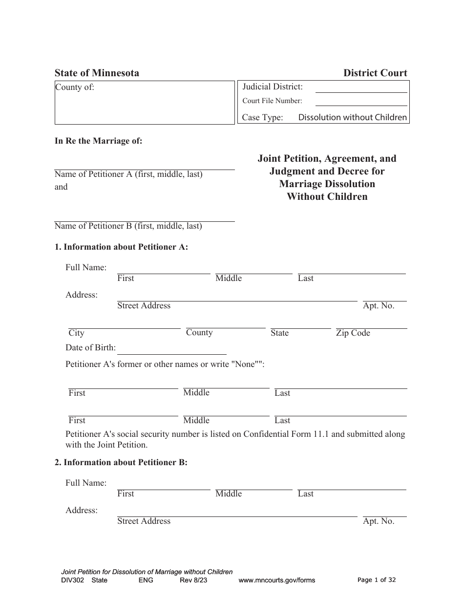 Form DIV302 Joint Petition, Agreement, and Judgment and Decree for Marriage Dissolution Without Children - Minnesota, Page 1