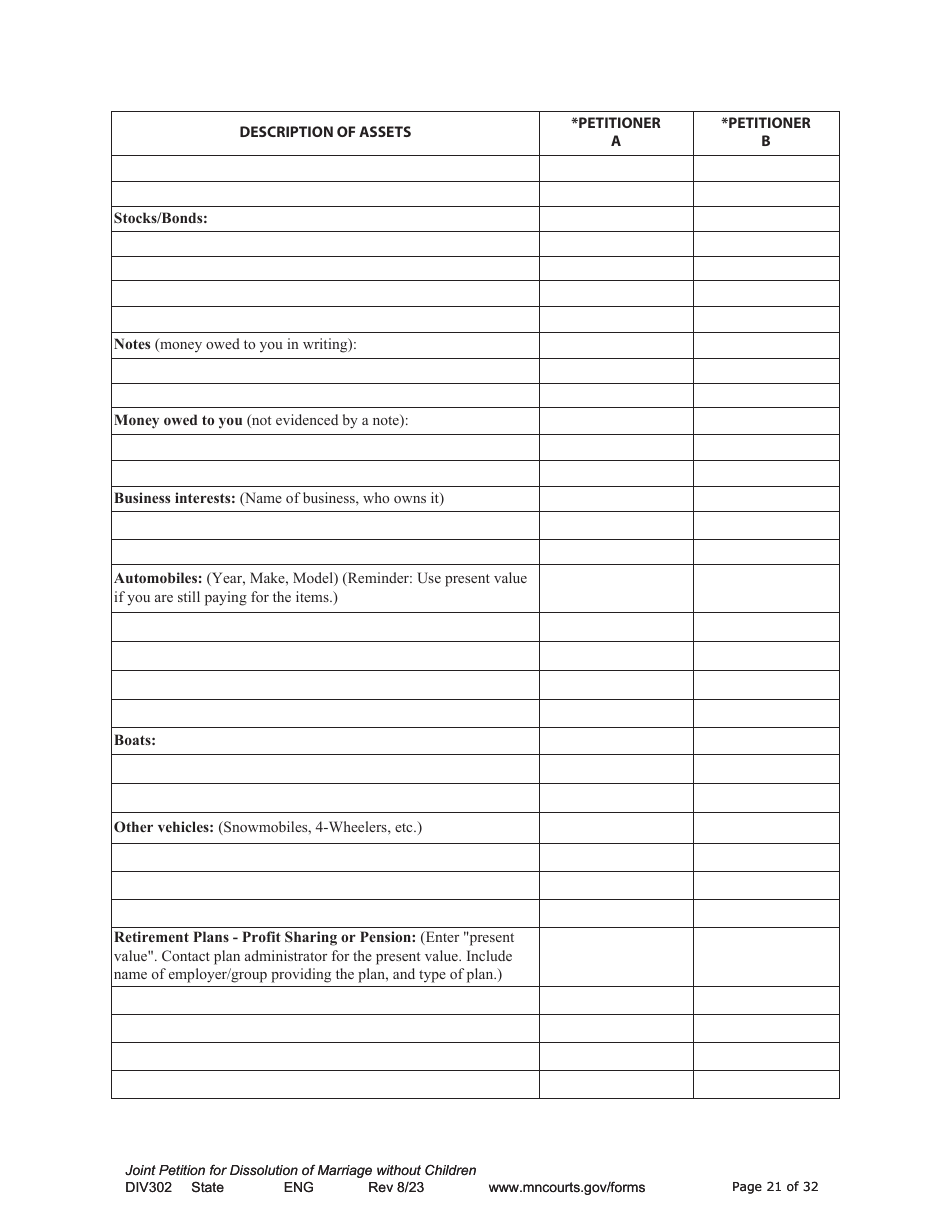 Form DIV302 Joint Petition, Agreement, and Judgment and Decree for Marriage Dissolution Without Children - Minnesota, Page 21
