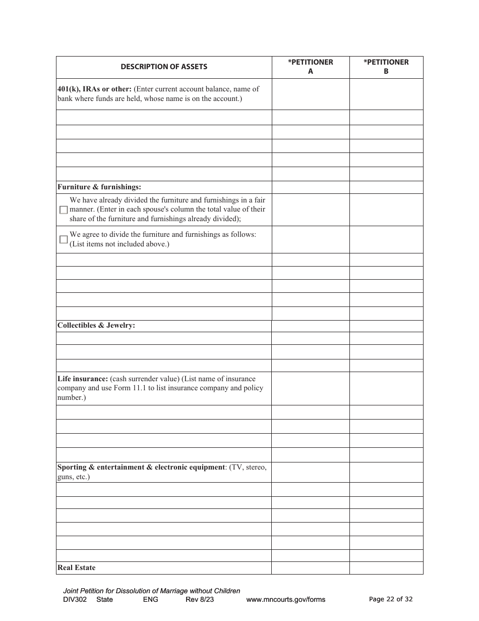 Form DIV302 Joint Petition, Agreement, and Judgment and Decree for Marriage Dissolution Without Children - Minnesota, Page 22