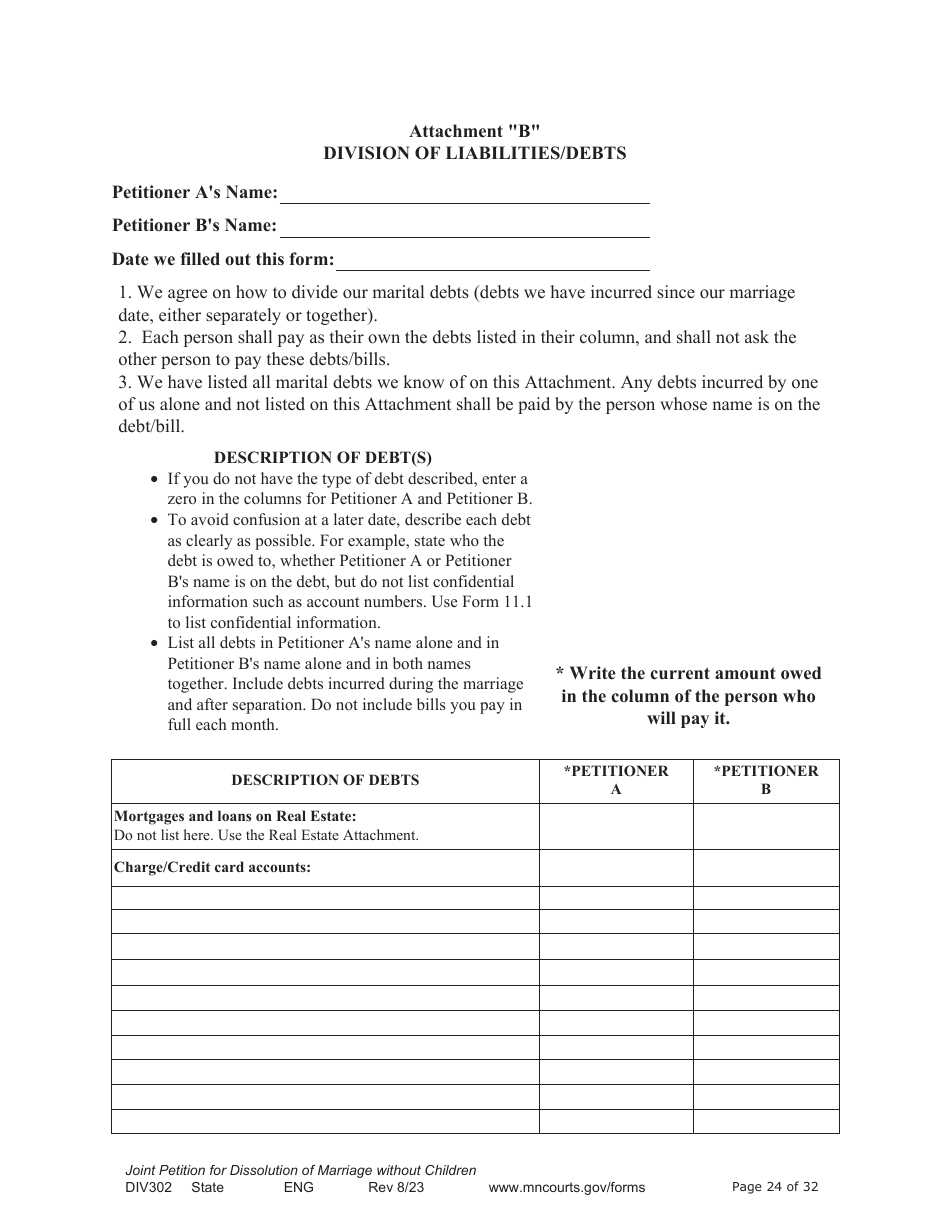 Form DIV302 Joint Petition, Agreement, and Judgment and Decree for Marriage Dissolution Without Children - Minnesota, Page 24