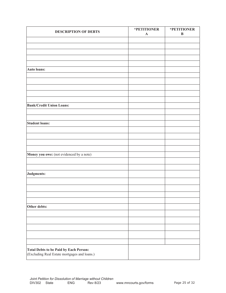 Form DIV302 Joint Petition, Agreement, and Judgment and Decree for Marriage Dissolution Without Children - Minnesota, Page 25