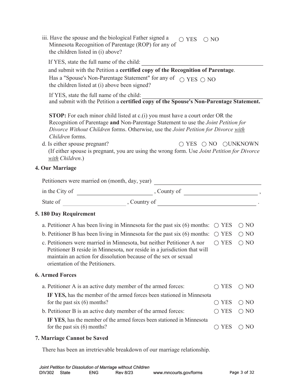 Form DIV302 Joint Petition, Agreement, and Judgment and Decree for Marriage Dissolution Without Children - Minnesota, Page 3