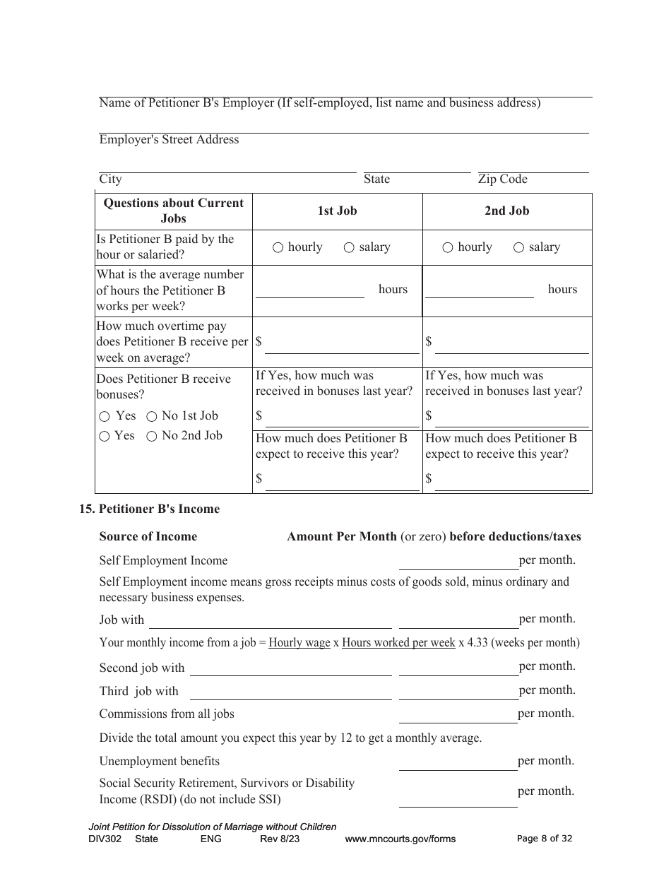 Form DIV302 Joint Petition, Agreement, and Judgment and Decree for Marriage Dissolution Without Children - Minnesota, Page 8