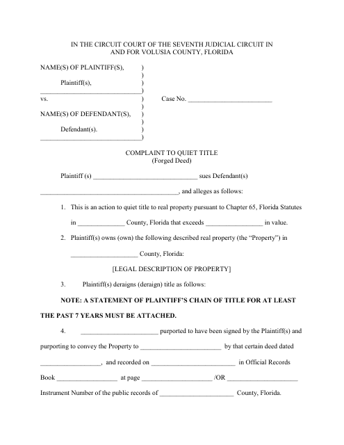 Complaint to Quiet Title (Forged Deed) - Volusia County, Florida Download Pdf
