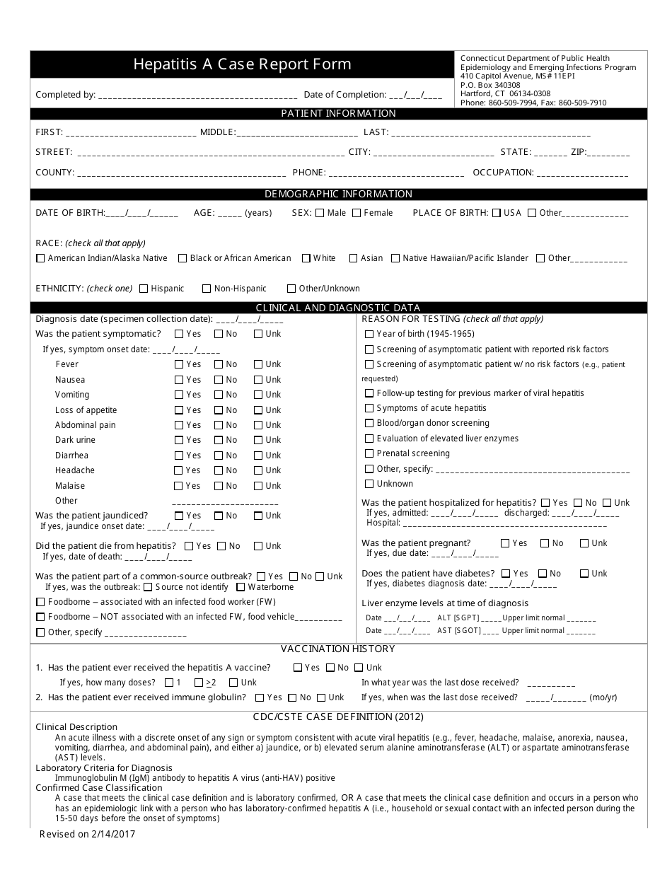 Hepatitis a Case Report Form - Connecticut, Page 1
