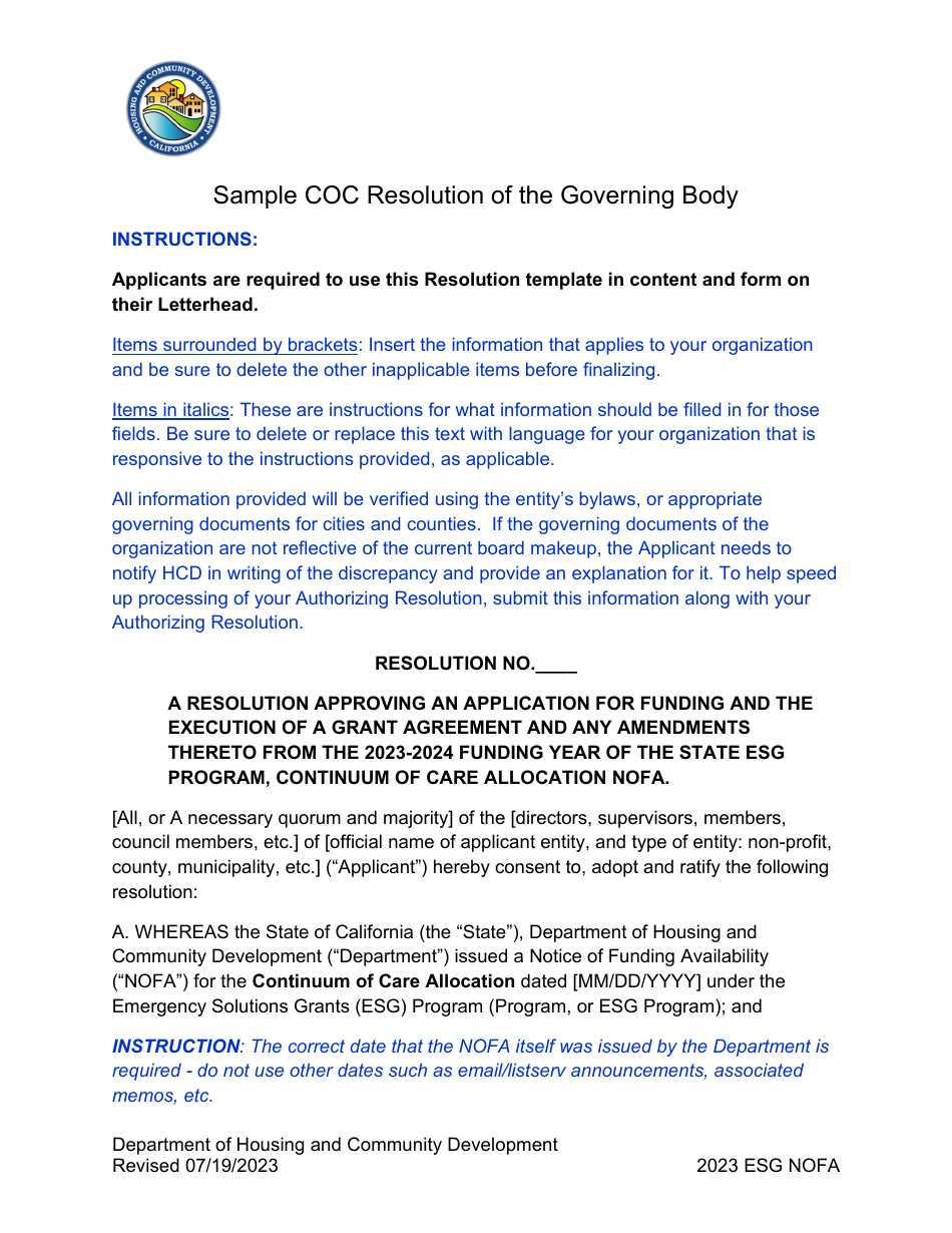 Coc Resolution of the Governing Body - Sample - California, Page 1