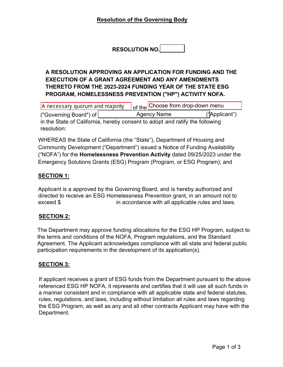 Esg Homelessness Prevention Resolution Form (For Units of General-Purpose Local Government and Jpas) - California, Page 2