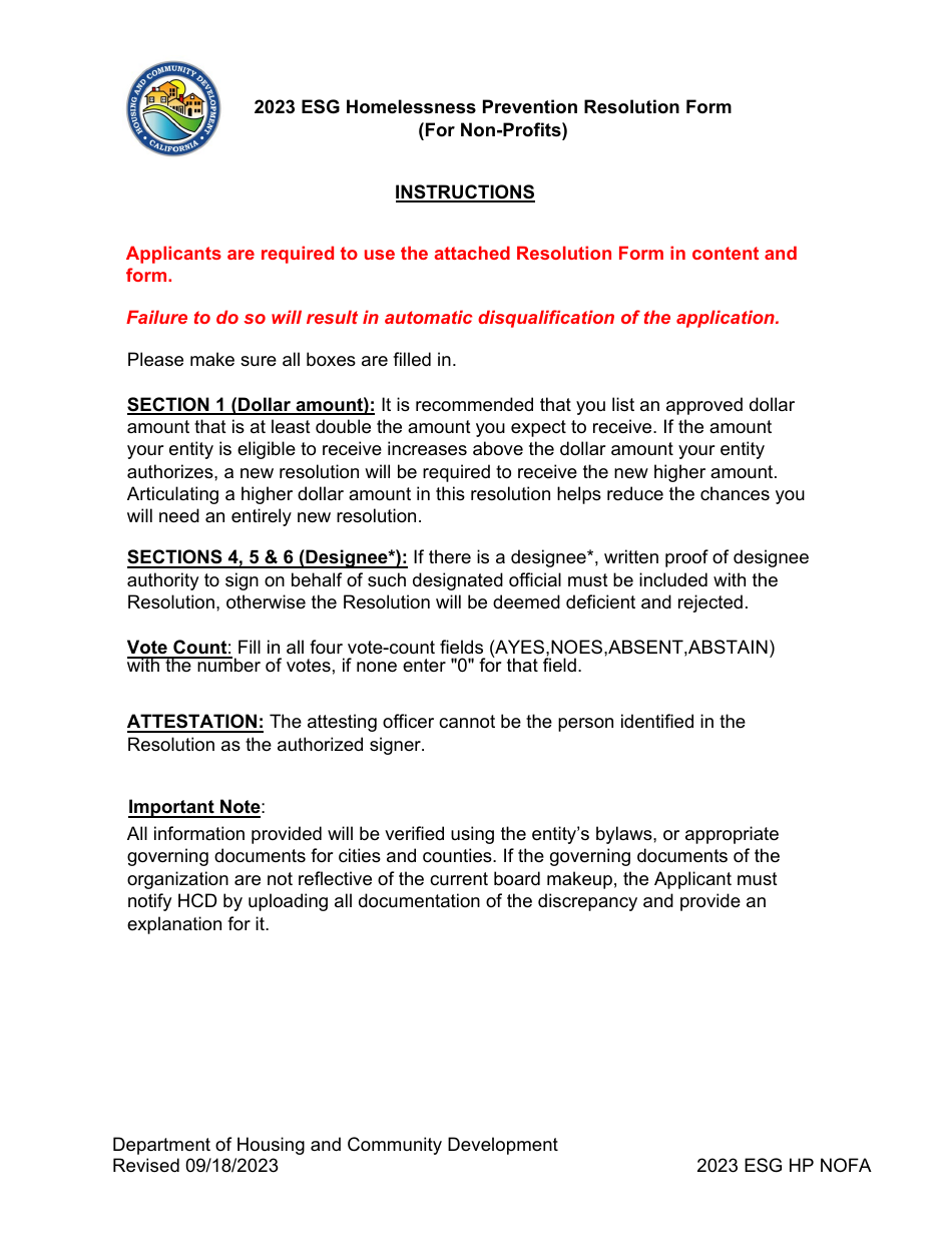 Esg Homelessness Prevention Resolution Form (For Non-profits) - California, Page 1