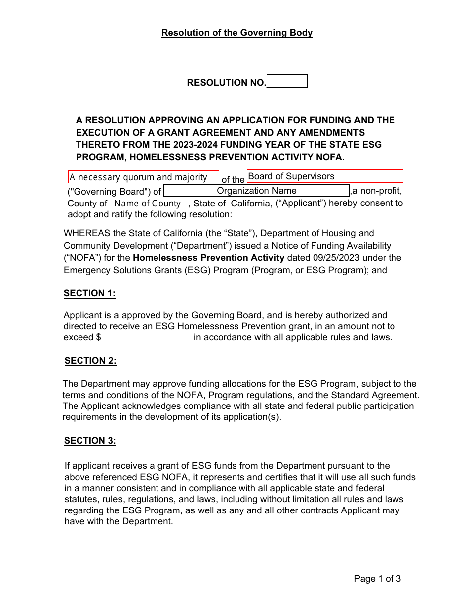 Esg Homelessness Prevention Resolution Form (For Non-profits) - California, Page 2