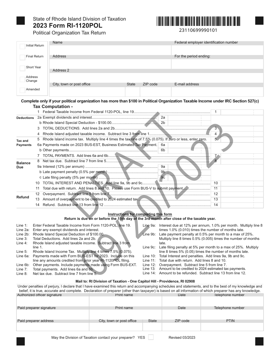 Form RI-1120POL Political Organization Tax Return - Draft - Rhode Island, Page 1