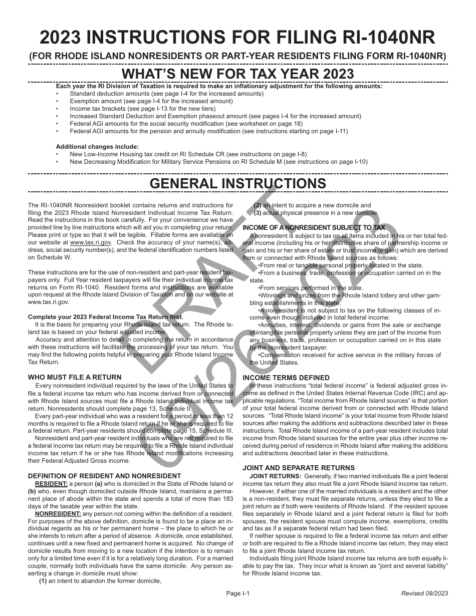 Download Instructions for Form RI1040NR Nonresident Individual