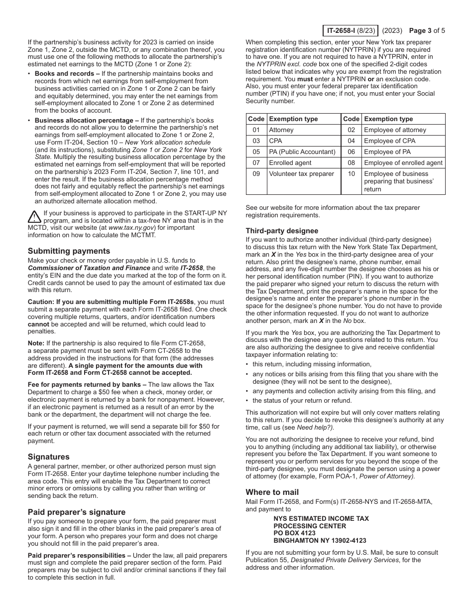 Instructions for Form IT-2658 Report of Estimated Tax for Nonresident Individual Partners and Shareholders - New York, Page 3