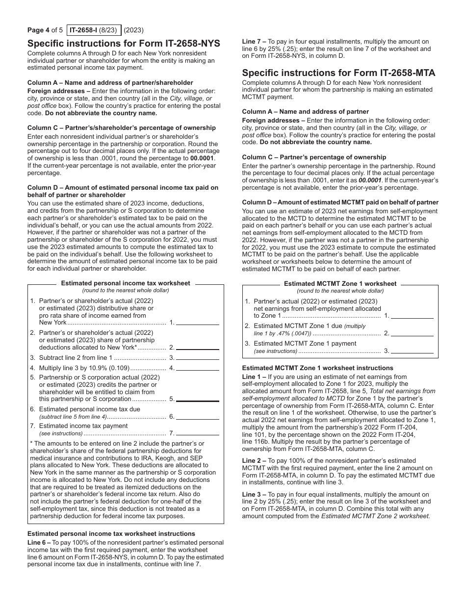 Instructions for Form IT-2658 Report of Estimated Tax for Nonresident Individual Partners and Shareholders - New York, Page 4