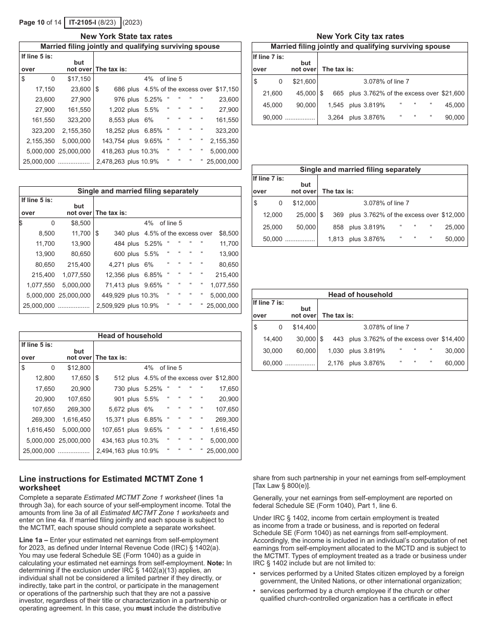 Instructions for Form IT-2105 Estimated Tax Payment Voucher for Individuals - New York, Page 10