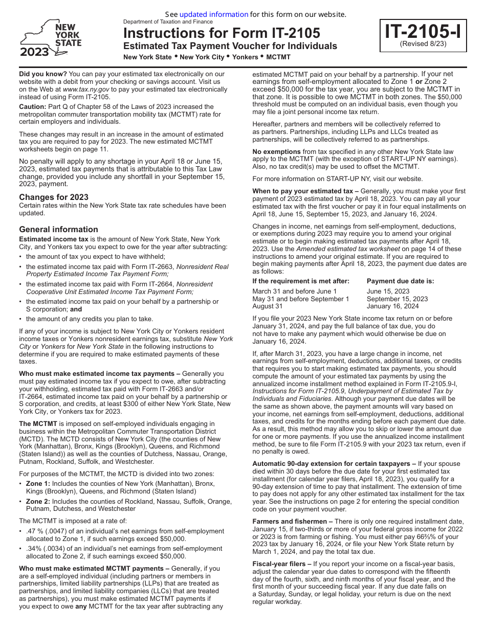 Instructions for Form IT-2105 Estimated Tax Payment Voucher for Individuals - New York, Page 1