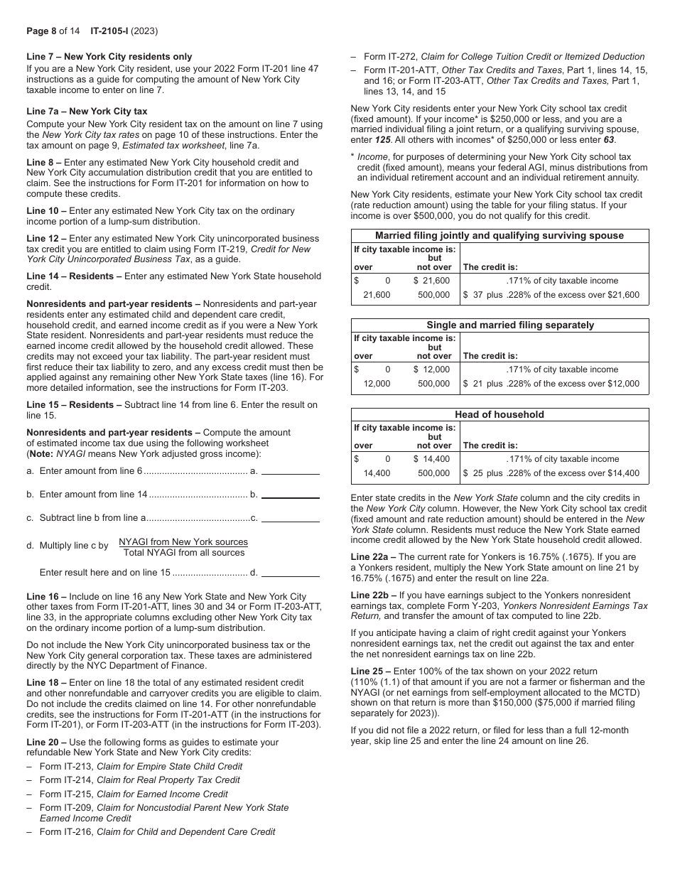 Instructions for Form IT-2105 Estimated Tax Payment Voucher for Individuals - New York, Page 8