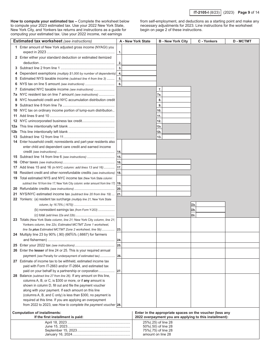 Instructions for Form IT-2105 Estimated Tax Payment Voucher for Individuals - New York, Page 9