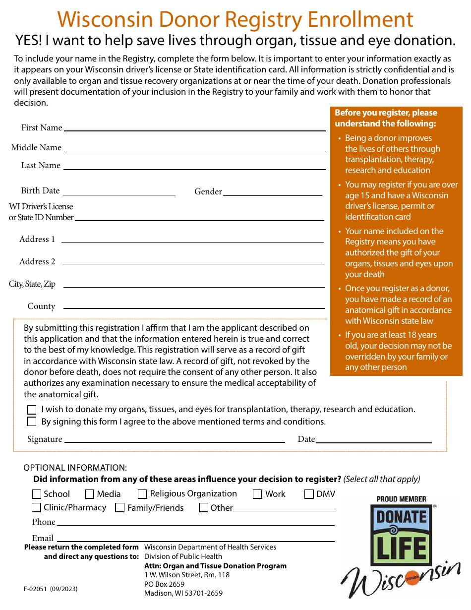 Form F-02051 Wisconsin Donor Registry Enrollment - Wisconsin, Page 1
