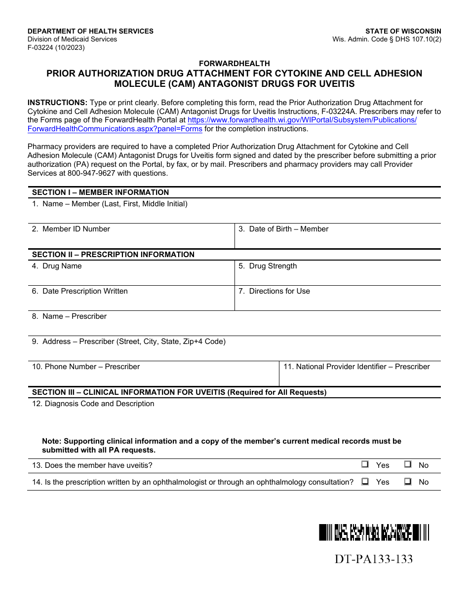 Form F-03224 Prior Authorization Drug Attachment for Cytokine and Cell Adhesion Molecule (Cam) Antagonist Drugs for Uveitis - Wisconsin, Page 1