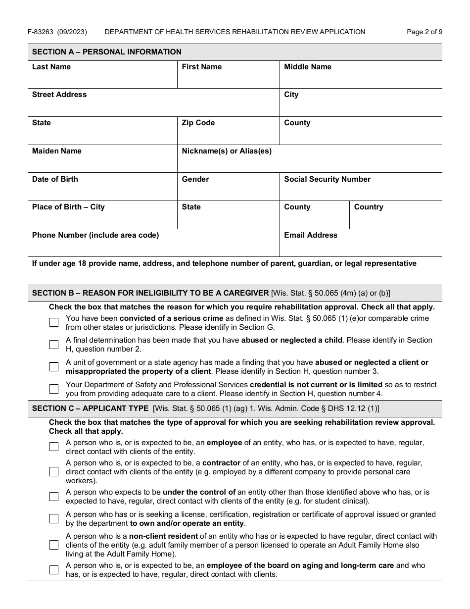 Form F-83263 Rehabilitation Review Application - Wisconsin, Page 2