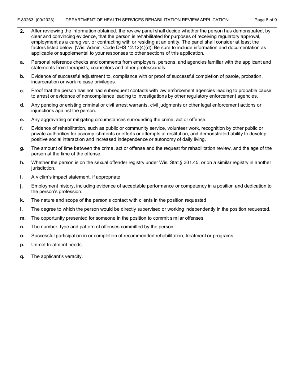 Form F-83263 Rehabilitation Review Application - Wisconsin, Page 8