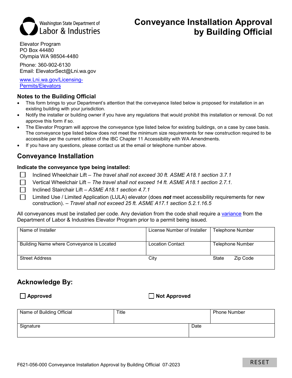 Form F621-056-000 Conveyance Installation Approval by Building Official - Washington, Page 1