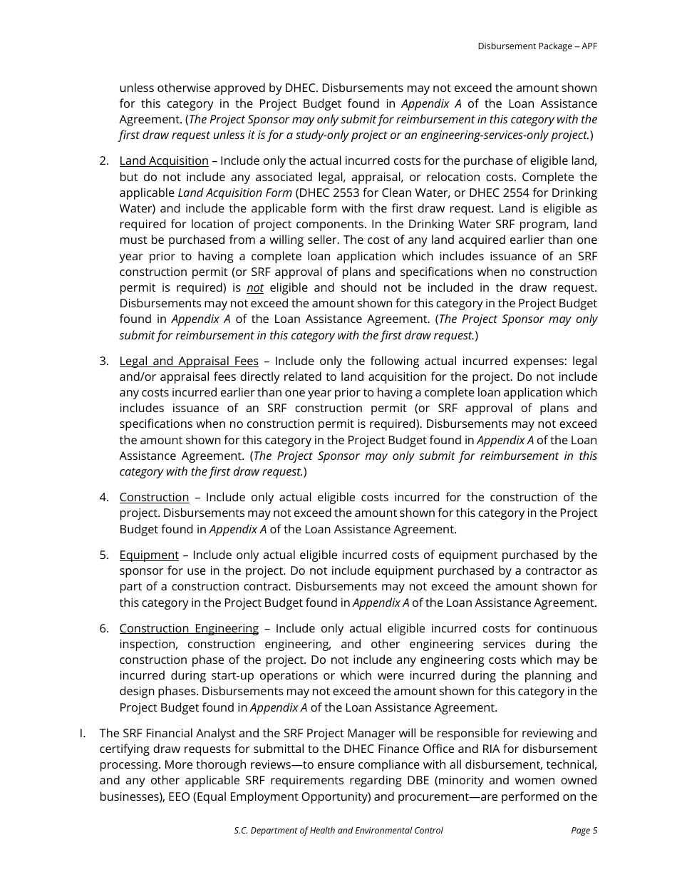 Disbursement Package for All Principal Forgiveness (Apf) Projects - South Carolina, Page 5