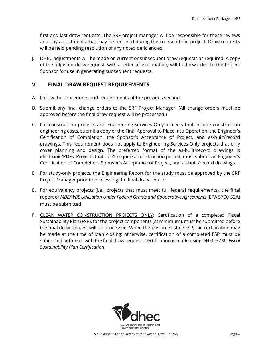 Disbursement Package for All Principal Forgiveness (Apf) Projects - South Carolina, Page 6