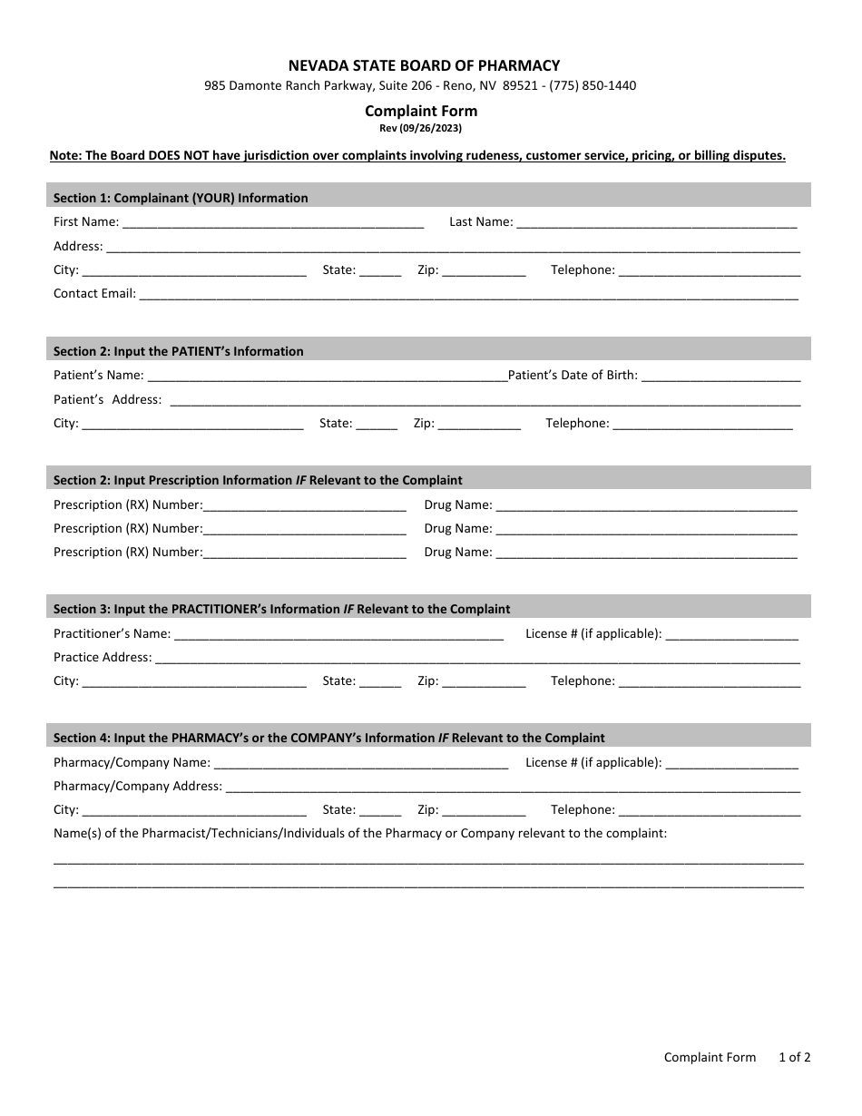 Complaint Form - Nevada, Page 1