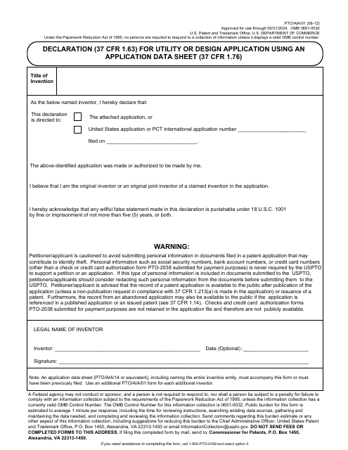 Form PTO/AIA/01 Declaration (37 Cfr 1.63) for Utility or Design Application Using an Application Data Sheet (37 Cfr 1.76)