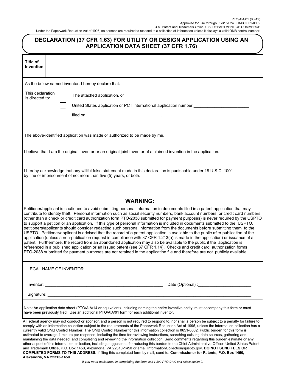 Form PTO / AIA / 01 Declaration (37 Cfr 1.63) for Utility or Design Application Using an Application Data Sheet (37 Cfr 1.76), Page 1