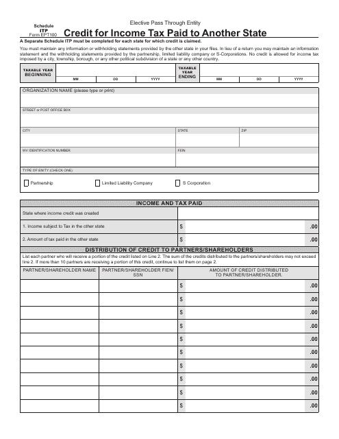 Form EPT-100 Schedule ITP Credit for Income Tax Paid to Another State - West Virginia