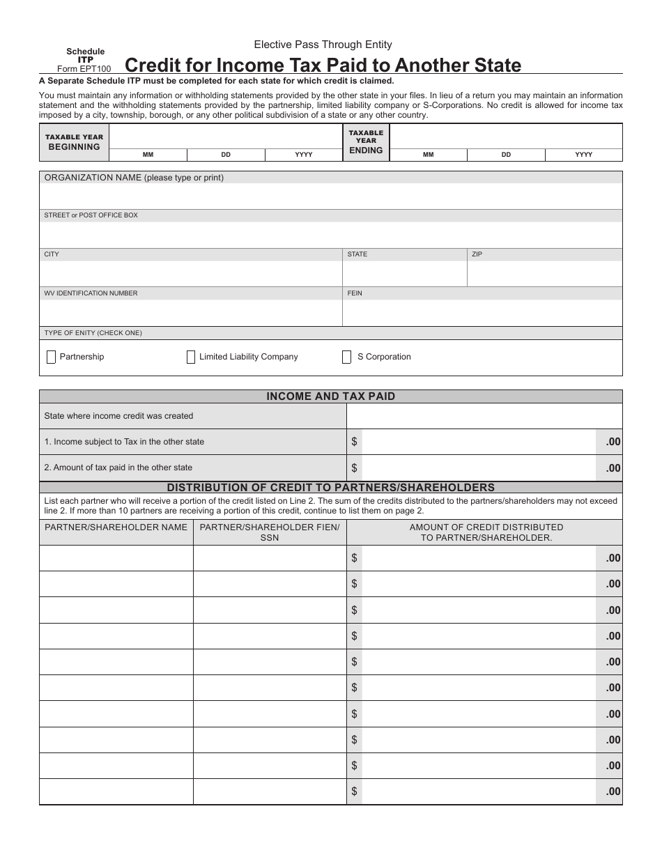 Form EPT-100 Schedule ITP Credit for Income Tax Paid to Another State - West Virginia, Page 1