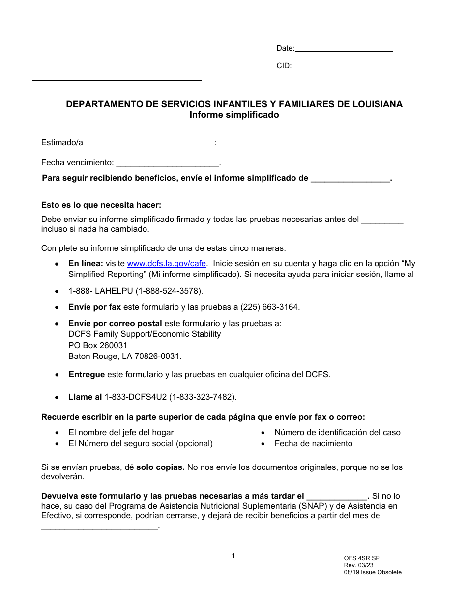 Formulario OFS4SR SP Informe Simplificado - Louisiana (Spanish), Page 1