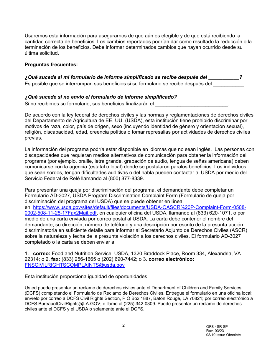Formulario OFS4SR SP Informe Simplificado - Louisiana (Spanish), Page 2